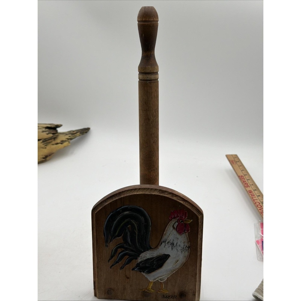 Vintage Wooden Paper Towel Holder Hand Painted Rooster Signed